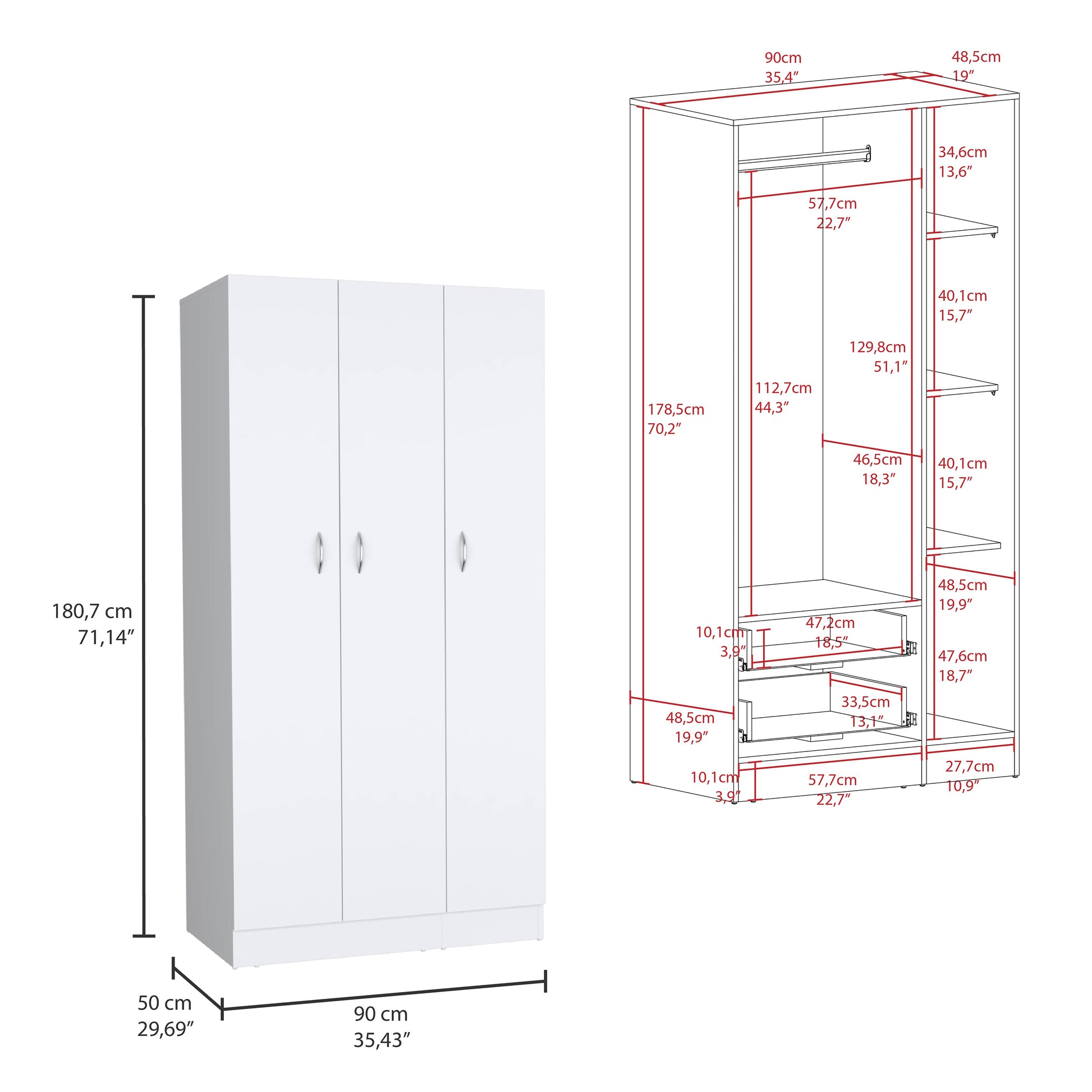 Ohio Armoire Wardrobe With 3 Doors, 2 Drawers, And 4 Tier Shelves White White Particle Board