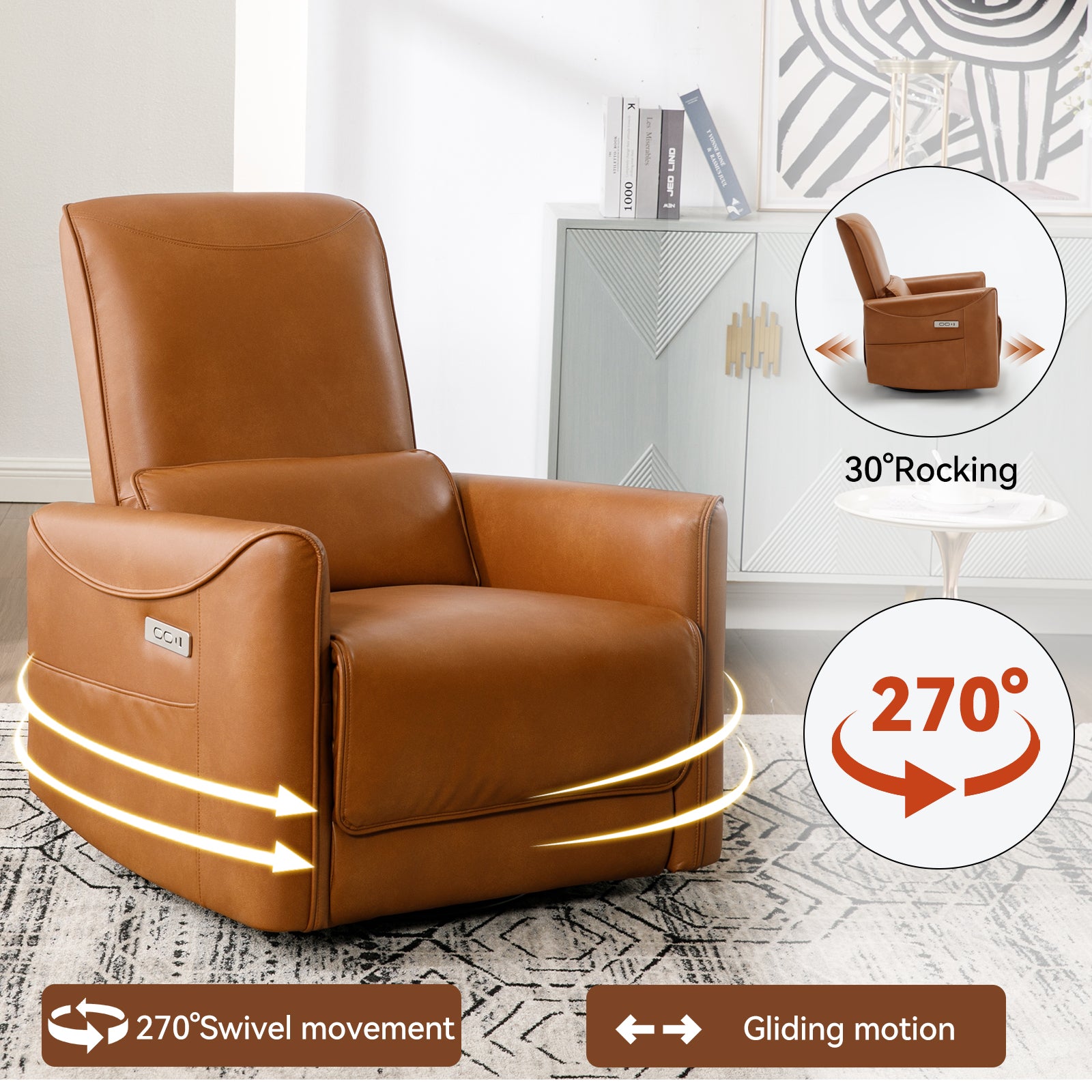 Yellow Brown Leatheraire Swivel And Rocker Power Recliner Chair, Heavy Duty Motion Mechanism With Usb And Type C Ports Yellow Brown Faux Leather Power Push Button Metal Primary Living Space Medium Firm Tight Back Heavy Duty American Design Pine Square