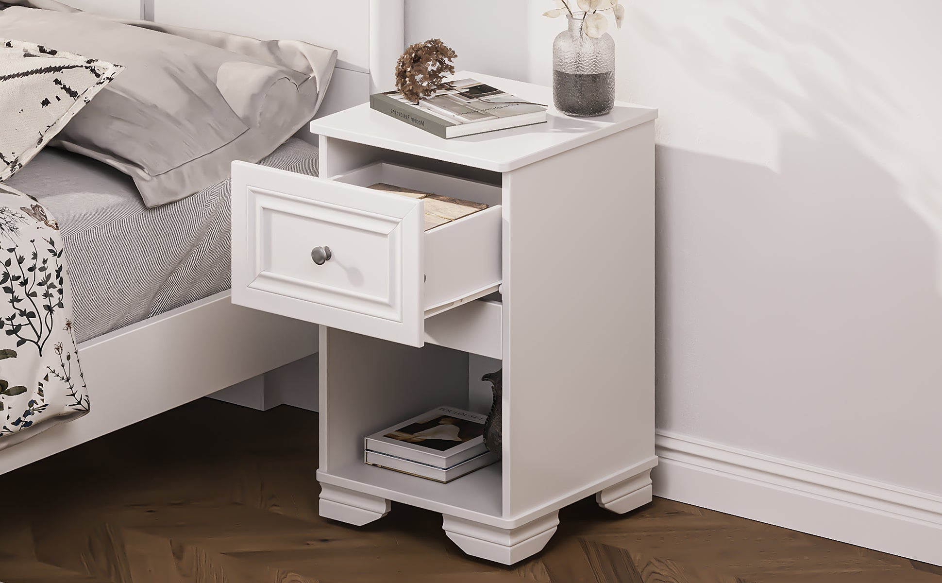 Elegant Design Nightstand With Drawer And Open Shelf For Bedroom, Retro Style Bedside Table With Classic Design And Metal Handle,White White Wood