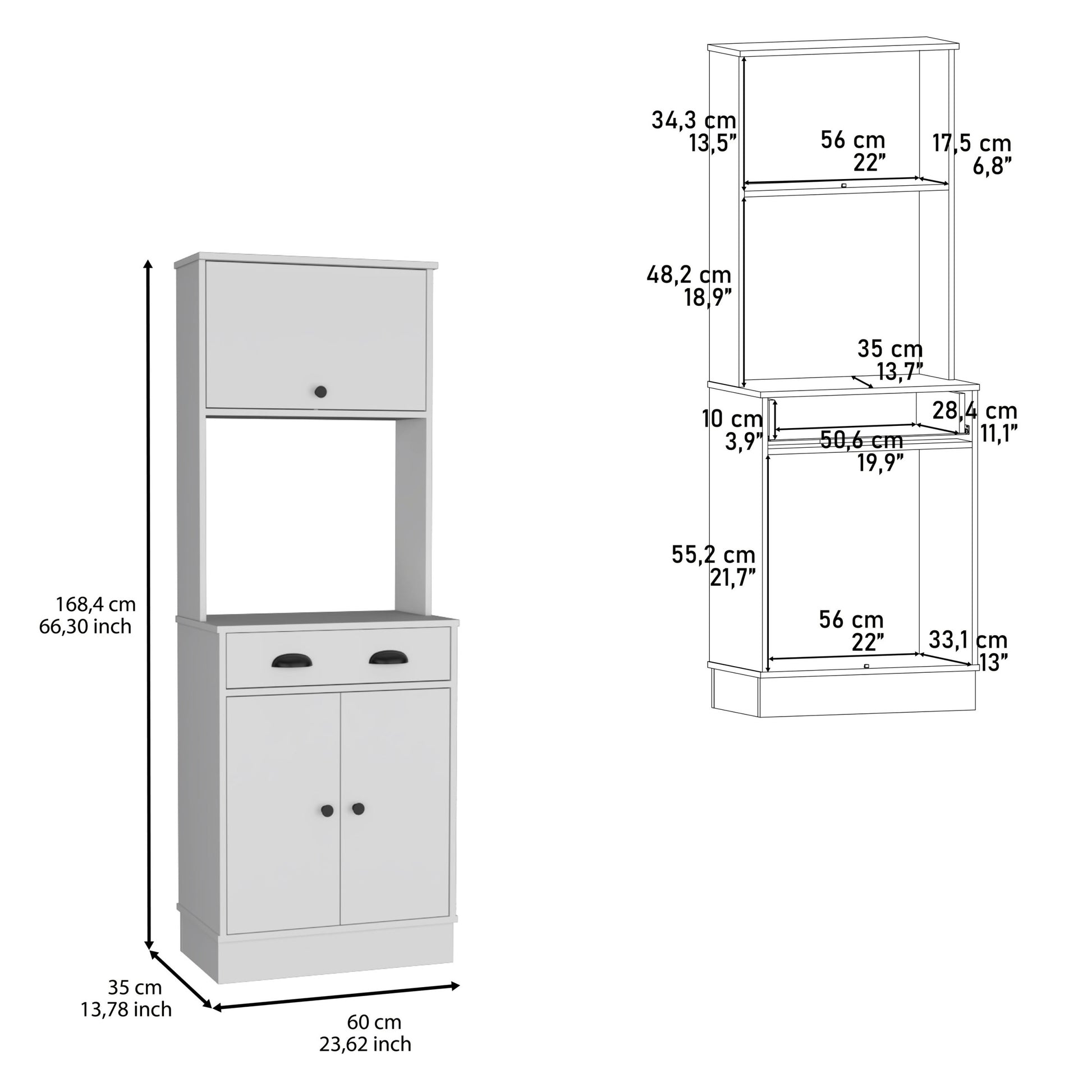 Apex Kitchen Pantry 66.3" H With Drawer, 2 Cabinets, And Microwave Stand, White White Solid Wood Mdf Engineered Wood