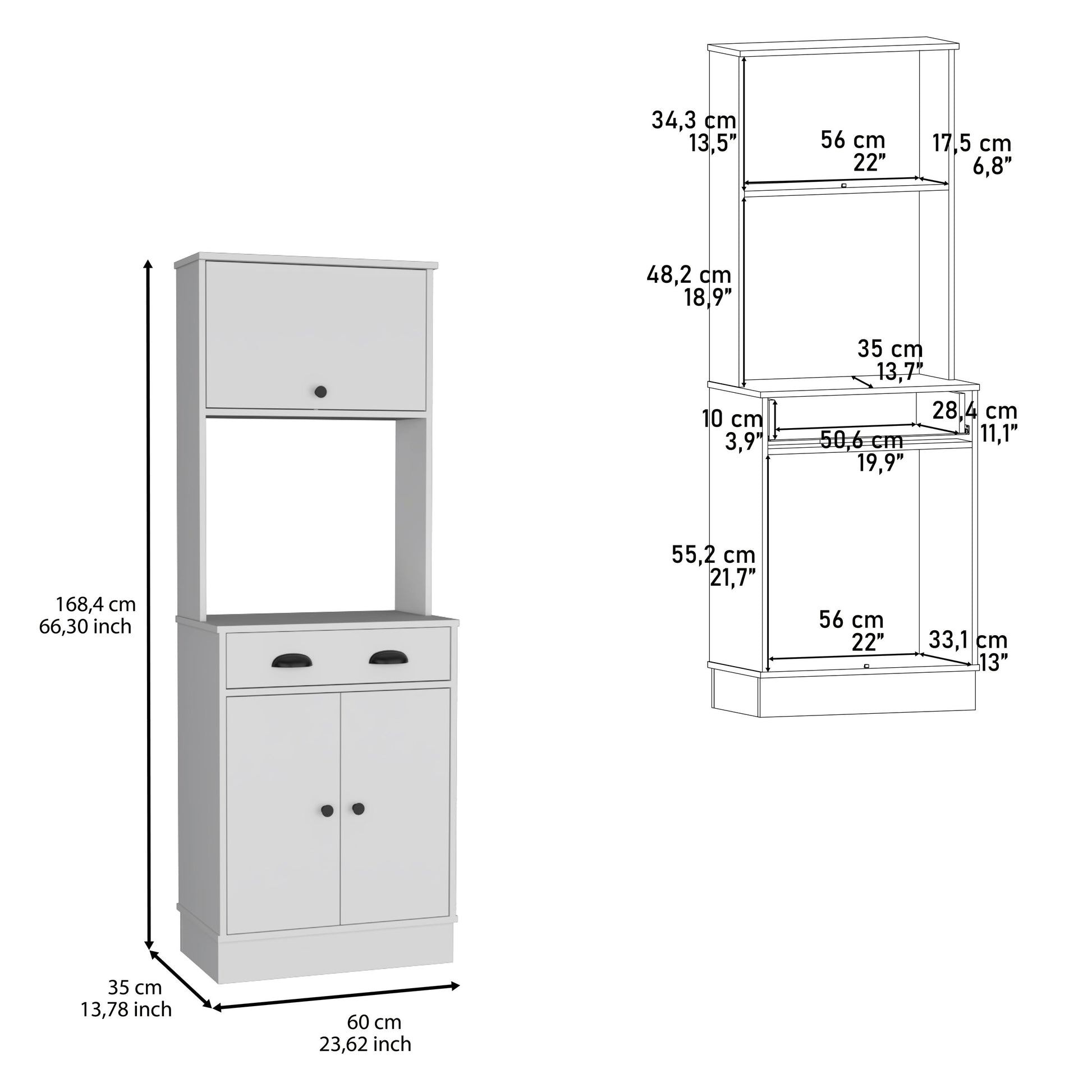 Apex Kitchen Pantry 66.3" H With Drawer, 2 Cabinets, And Microwave Stand, White White Solid Wood Mdf Engineered Wood