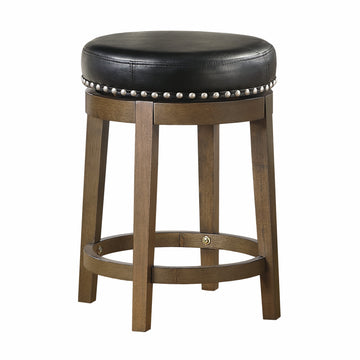 Round Swivel Counter Height Stool Set Of 2, Black Faux Leather 360 Degree Swivel Seat Trim Solid Wood Frame Brown Finish Transitional Style Furniture Brown Black Dining Room Round Solid Wood