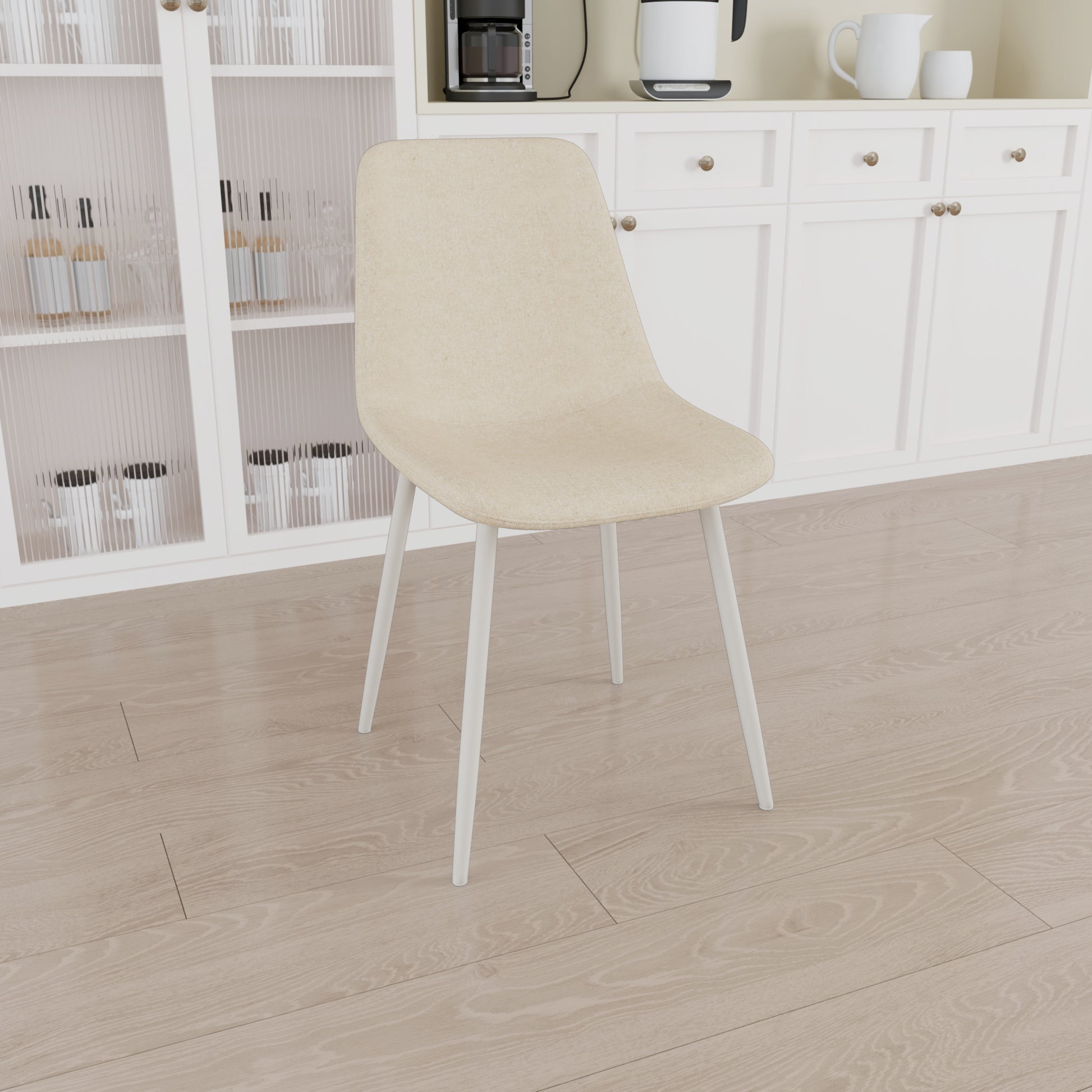 63 "Mdf Cream Style Coffee Table And Modern Dining Chair 4 Piece Set, Modern Fashion Kitchen Table Set, Round Wave Table Legs, Dining Table And Linen Chair Beige White Mdf