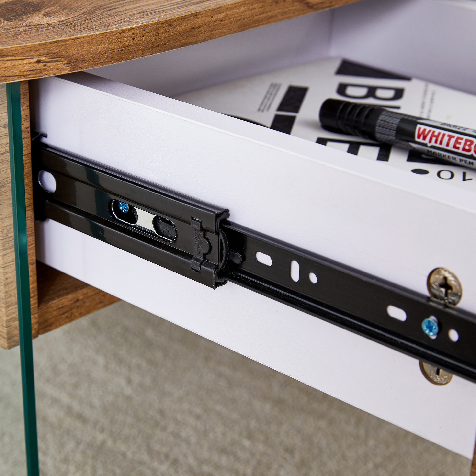 Coffee Table With Double Drawers. The Board Surface Is Mdf Sticker, And Both Sides Are Transparent Tempered Glass. The Design Is Simple And Elegant, With Excellent Storage Functions. Wood Mdf Glass