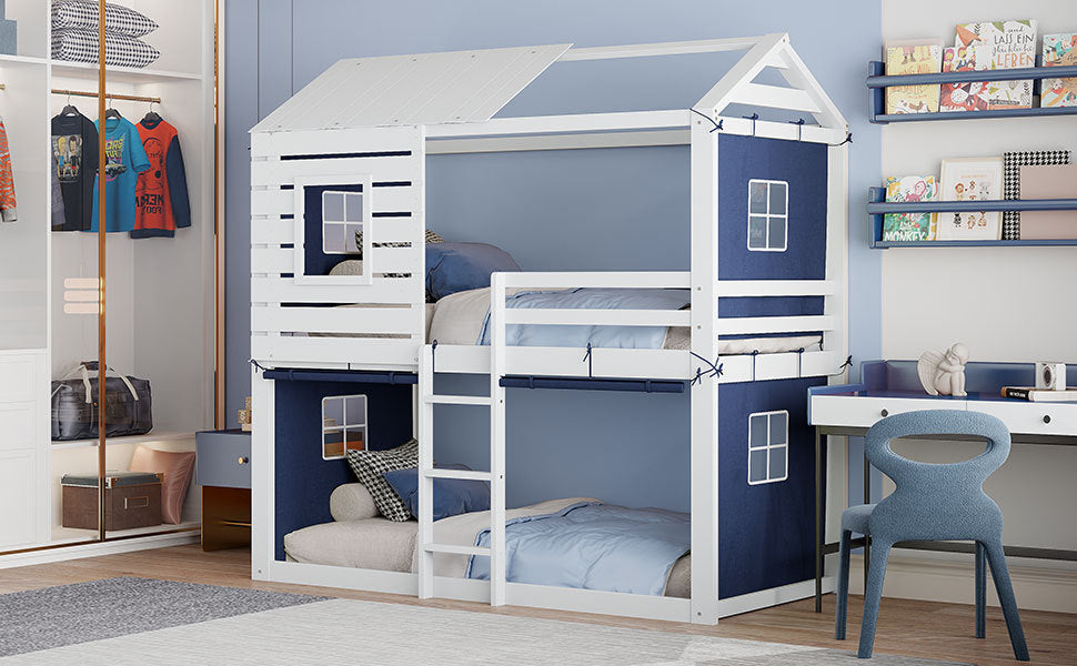 Twin Size Bunk Wood House Bed With Tent, Blue White Twin Blue Solid Wood Mdf