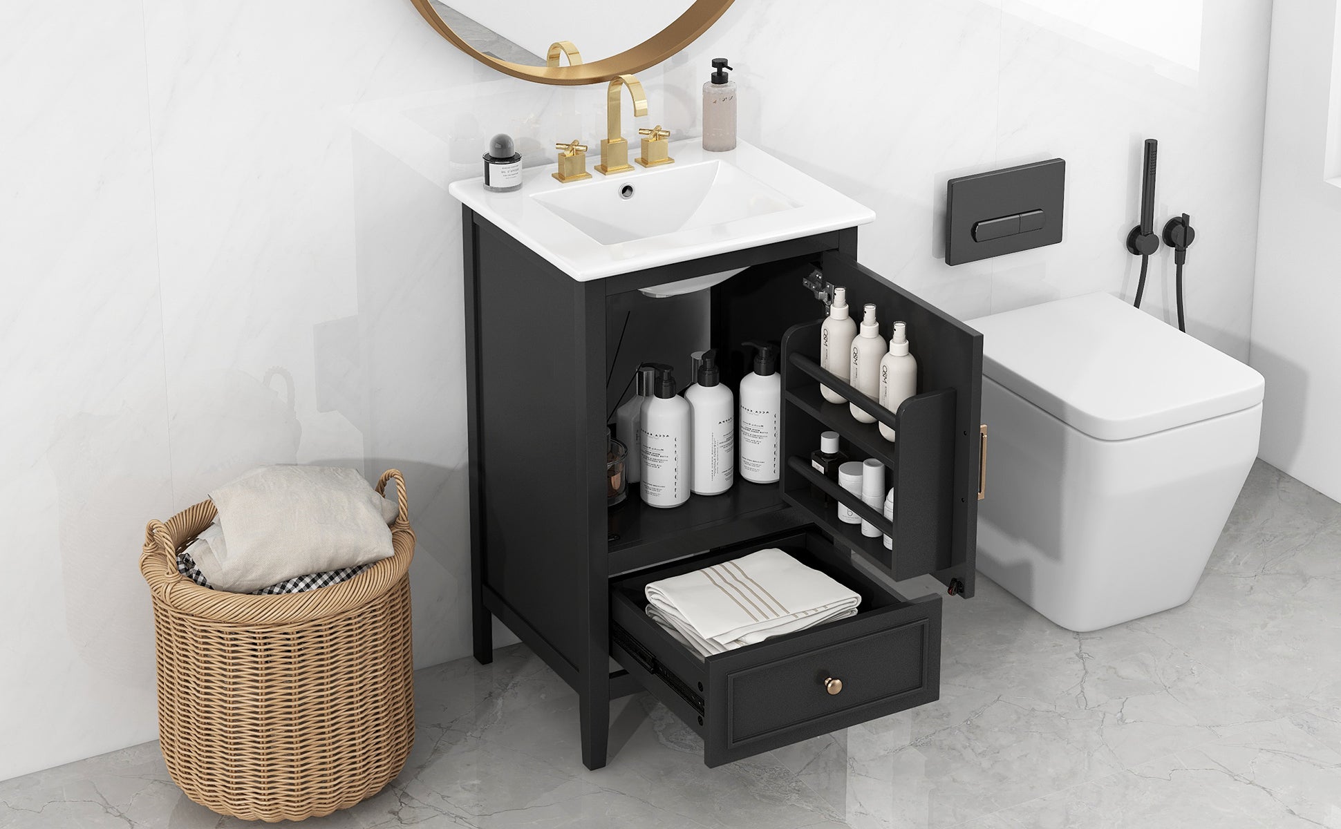 20" Bathroom Vanity With Sink, Bathroom Cabinet With Two Doors, Door Shelf Storage And Adiustable Foot Pads, A Drawer, Black Black Solid Wood Mdf