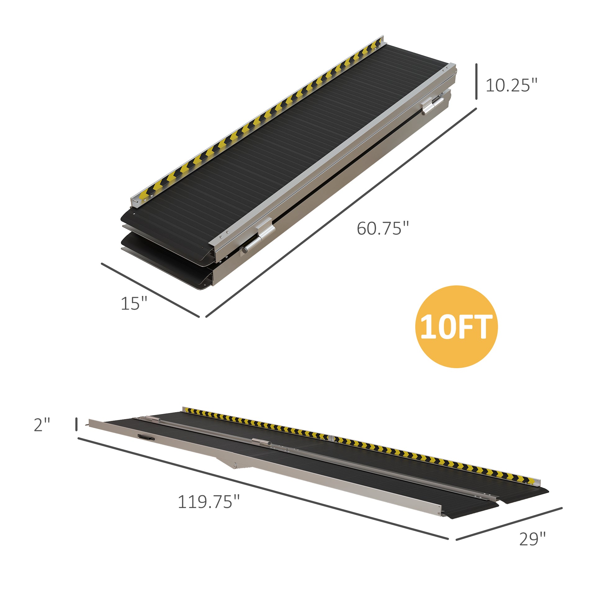 Homcom Wheelchair Ramp, 10Ft Foldable Threshold Ramp, Aluminum Handicap Ramp With Non Slip Surface, Transition Plates Above And Below For Home, Doorways, Steps, 600Lbs Capacity Black Aluminum