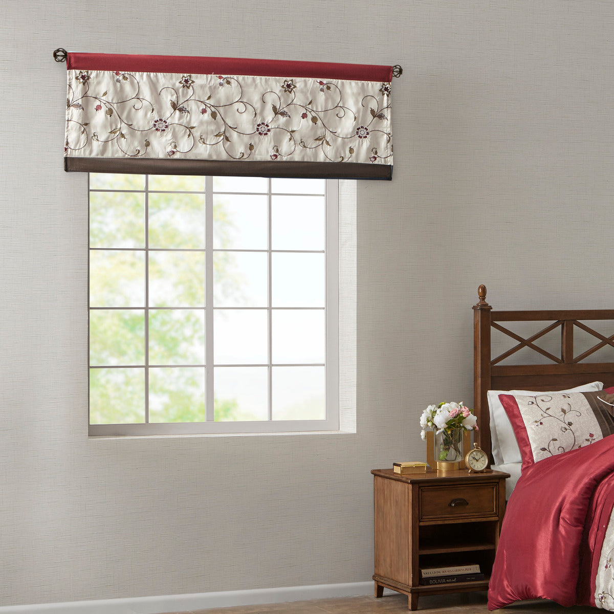Embroidered Window Valance Red 50X18" Red Polyester
