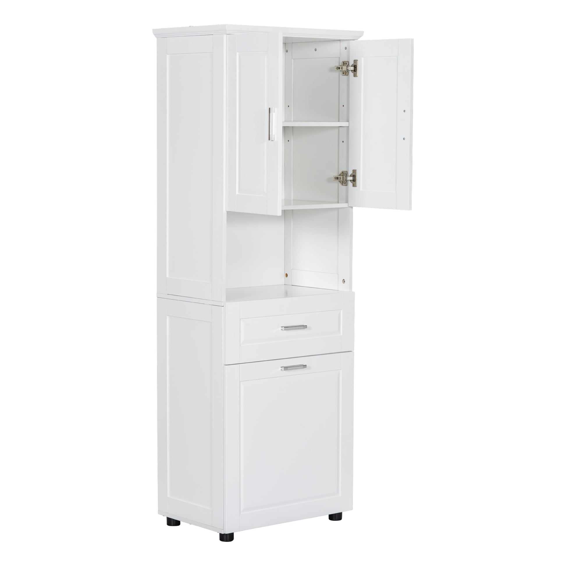 Tall Bathroom Cabinet With Laundry Basket, Large Storage Space Tilt Out Laundry Hamper And Upper Storage Cabinet, White White Mdf