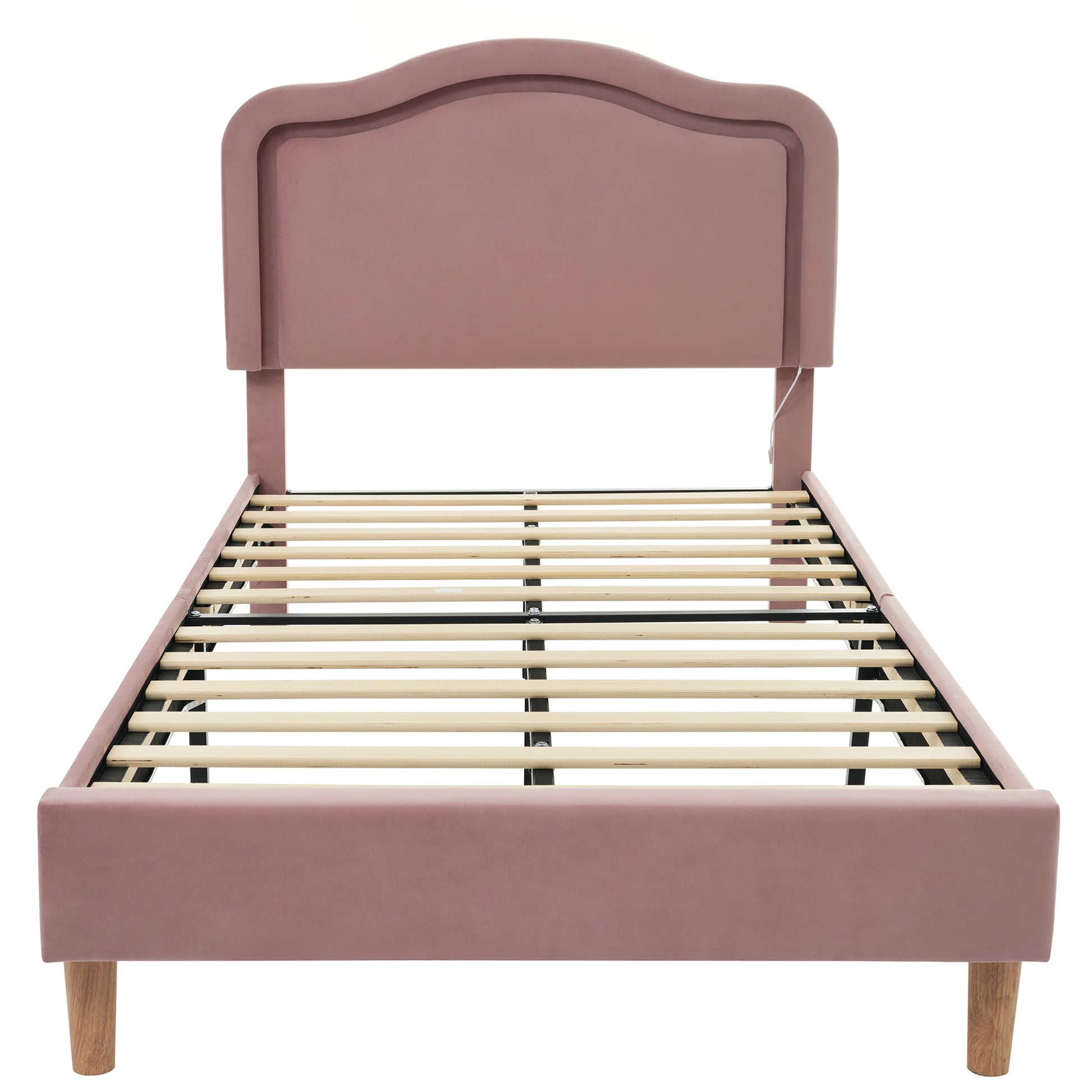 Twin Size Velvet Upholstered Smart Led Bed Frame With Adjustable Height Headboard,No Box Spring Needed,Easy Assembly,Pink Box Spring Not Required Twin Pink Wood Bedroom Cute,Modern Bed Frame Wood