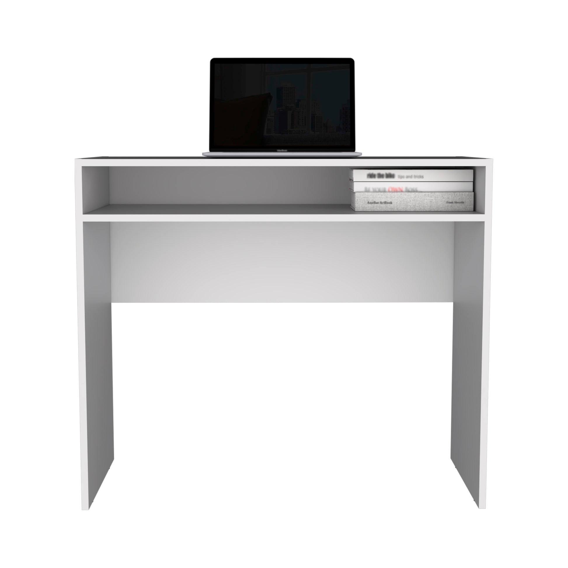 Stella 35" Wide Writing Desk With Shelf White Computer Desk Office Modern Freestanding Rectangular Computer Tables Rectangular Particle Board