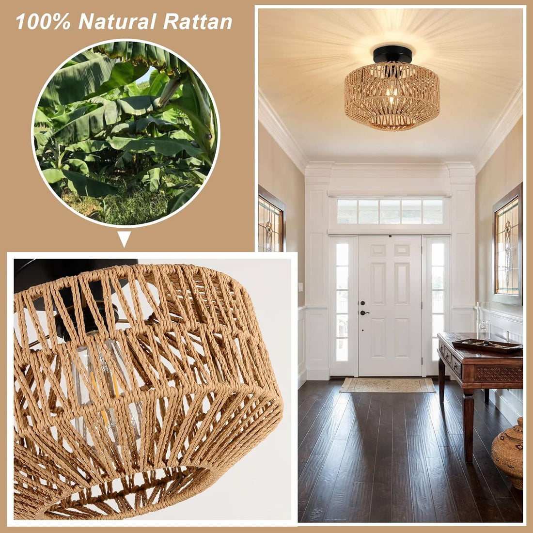 Boho Light Fixtures Ceiling Mount,Mini Rattan Chandelier Light Fixture With Dimmable Led Bulb,Hand Woven Ceiling Light Fixtures Flush Mount For Hallway Bedroom Kitchen Entryway Living Room Brown Rattan Metal