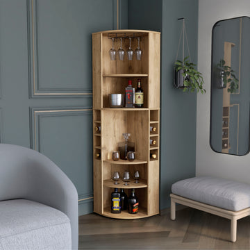 Oban Corner Bar Cabinet With Five Shelveseight Bottle Cubbies And Steamware Beige Primary Living Space Modern Shelves Included Particle Board