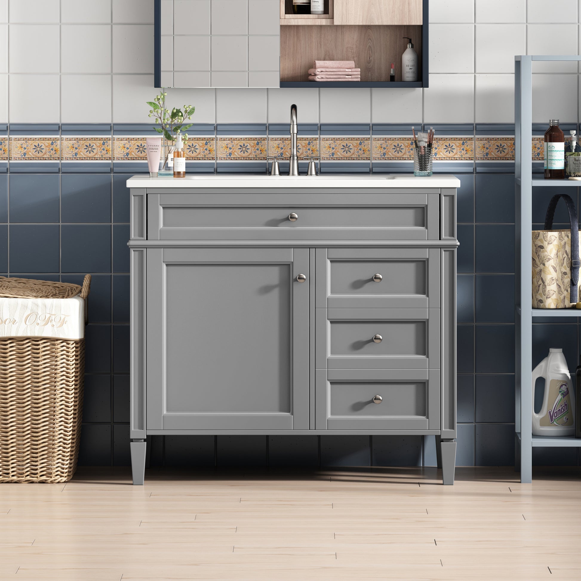 36'' Bathroom Vanity With Top Sink, Modern Bathroom Storage Cabinet With 2 Drawers And A Tip Out Drawer, Single Sink Bathroom Vanity Grey Bathroom Solid Wood Mdf Resin