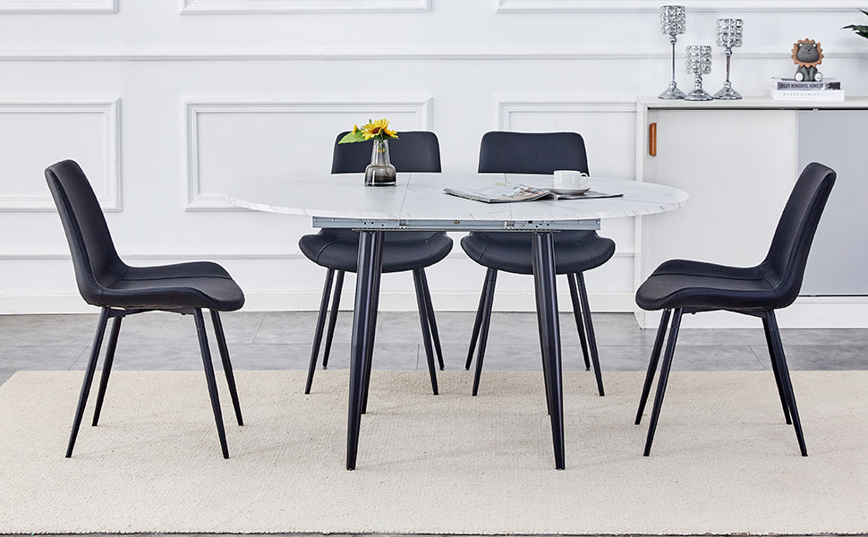 Table And Chair Set.Modern Extendable Mdf Dining Table.The Table Has A Telescopic Design, Suitable For Gatherings Of Different Size.Paired With 4 Chairs With Pu Cushions And Black Metal Legs. Black,White Seats 4 Mdf Metal