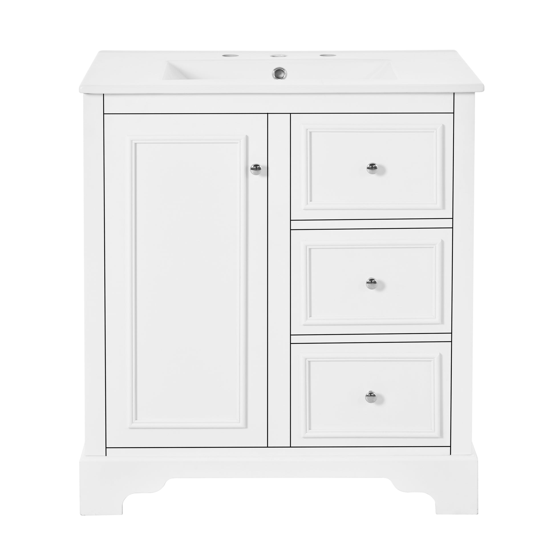 30 Inch Bathroom Vanity Cabinet With Ceramic Basin, 3 Drawers And Adjustable Shelves White Bathroom Solid Wood Mdf