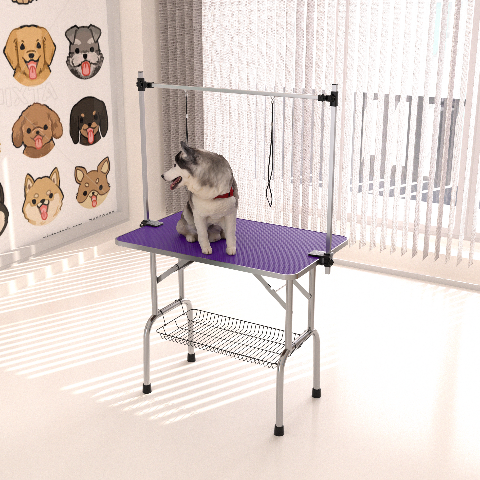 42" Folding Dog Pet Grooming Table Stainless Steel Frame Rubber Mat On Board With Adjustable Arm And Clamps Pet Dog Cat Grooming Table Purple Color Purple Rubber Stainless Steel