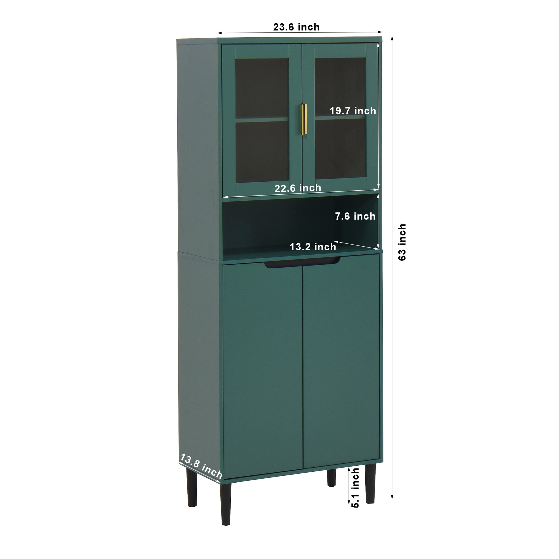 Tall Storage Show Cabinet With 2 Glass Display Door & 2 Doors, Tall Kitchen Pantry Cabinet With Gold Handles, Modern Cabinet Freestanding For Bathroom, Dining Living Room, Green Green Mdf