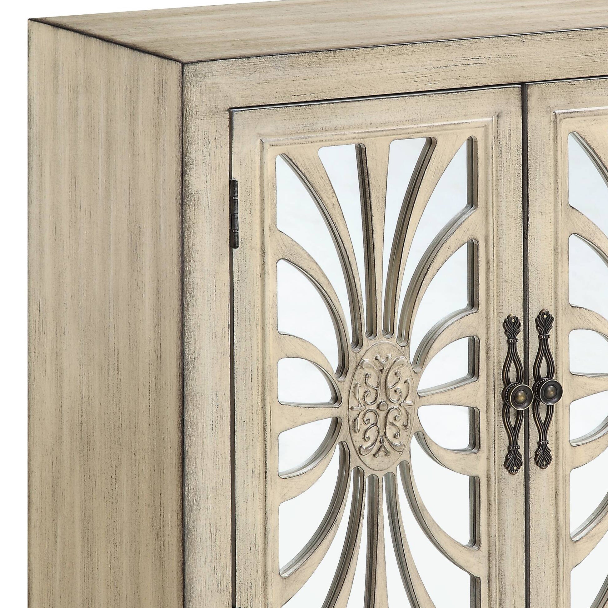 Antique White Console Table With Mirrored Doors Antique White Primary Living Space Rubberwood Rectangular Wood Glass