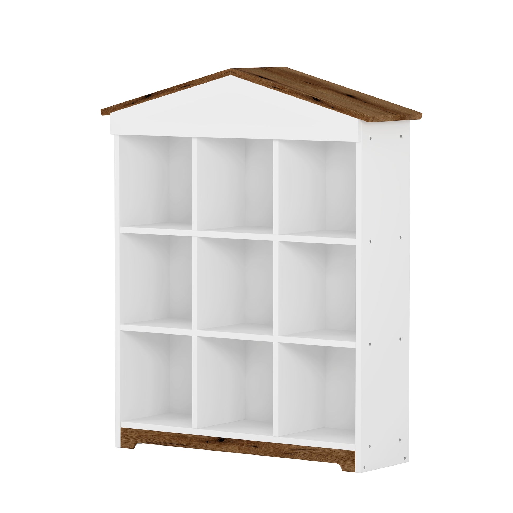 House Shaped Storage Rack With Nine Storage Compartments, Three Layer Bookshelf With Colorblock Design, White Brown Brown White Particle Board