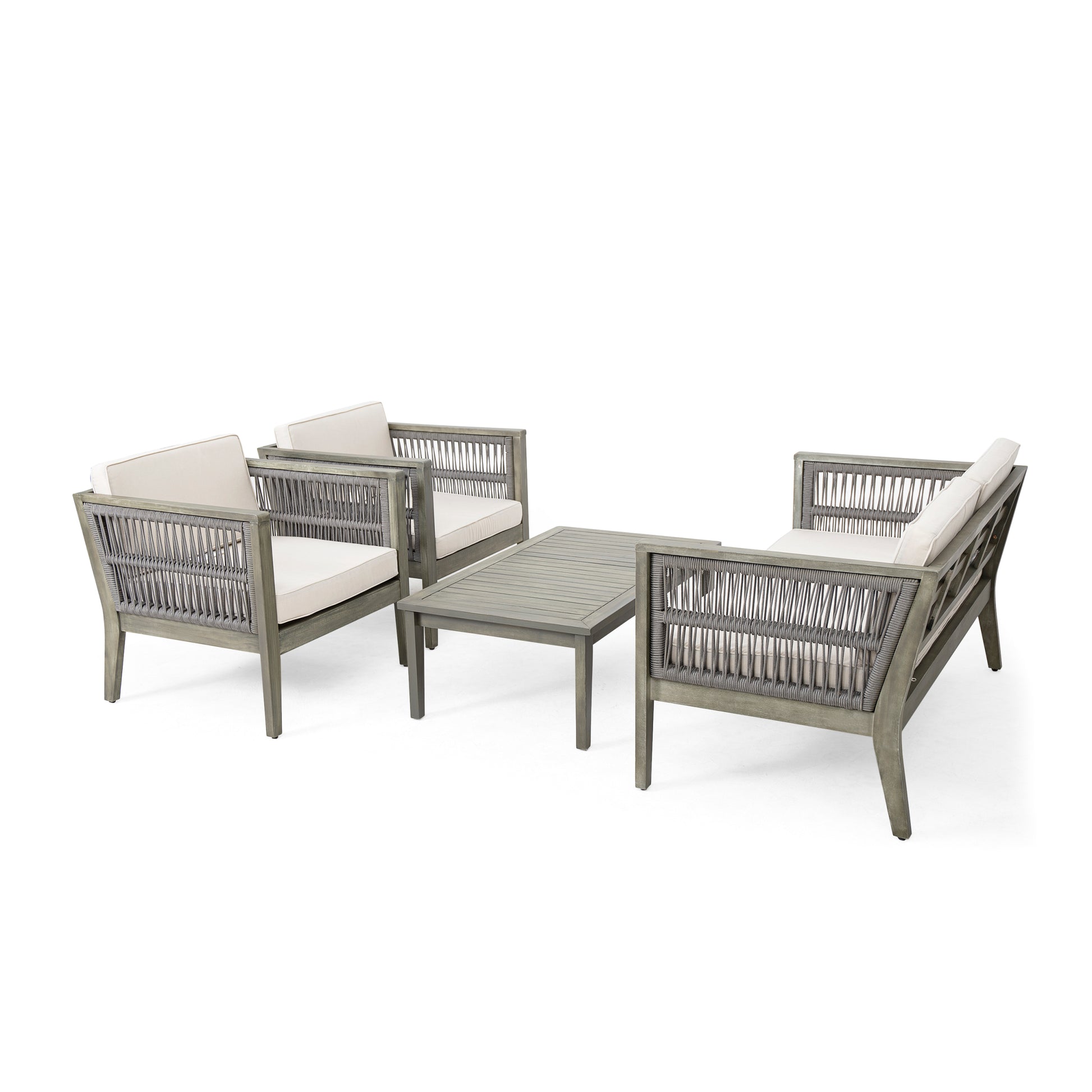 4 Pieces Acacia Wood Patio Furniture Set, Outdoor Furniture With Coffee Table, Patio Conversation Set Deep Seating With Soft Cushion, Porch Chairs For Garden, Backyard Porch Balcony, Grey & Beige Yes Deep Seating Beige Grey Seats 4 Garden & Outdoor Sofa