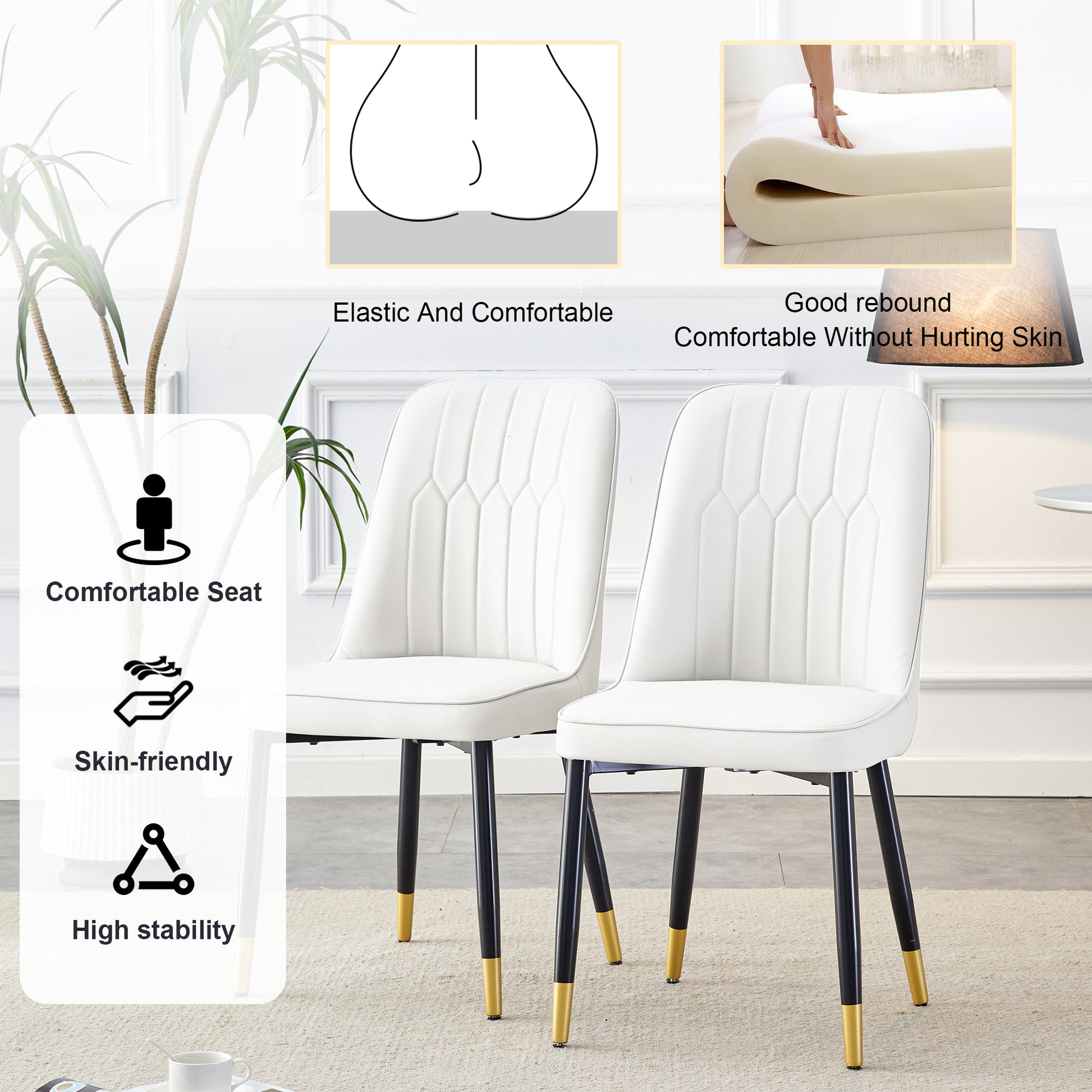 Table And Chair Set.Modern Rectangular Dining Table With Black Textured Stickers Glass Tabletop And Gold Plated Metal Legs.Paried With 6 Comfortable Chairs With Pu Seats And Black Metal Legs. Black Gold,White Seats 6 Glass Metal