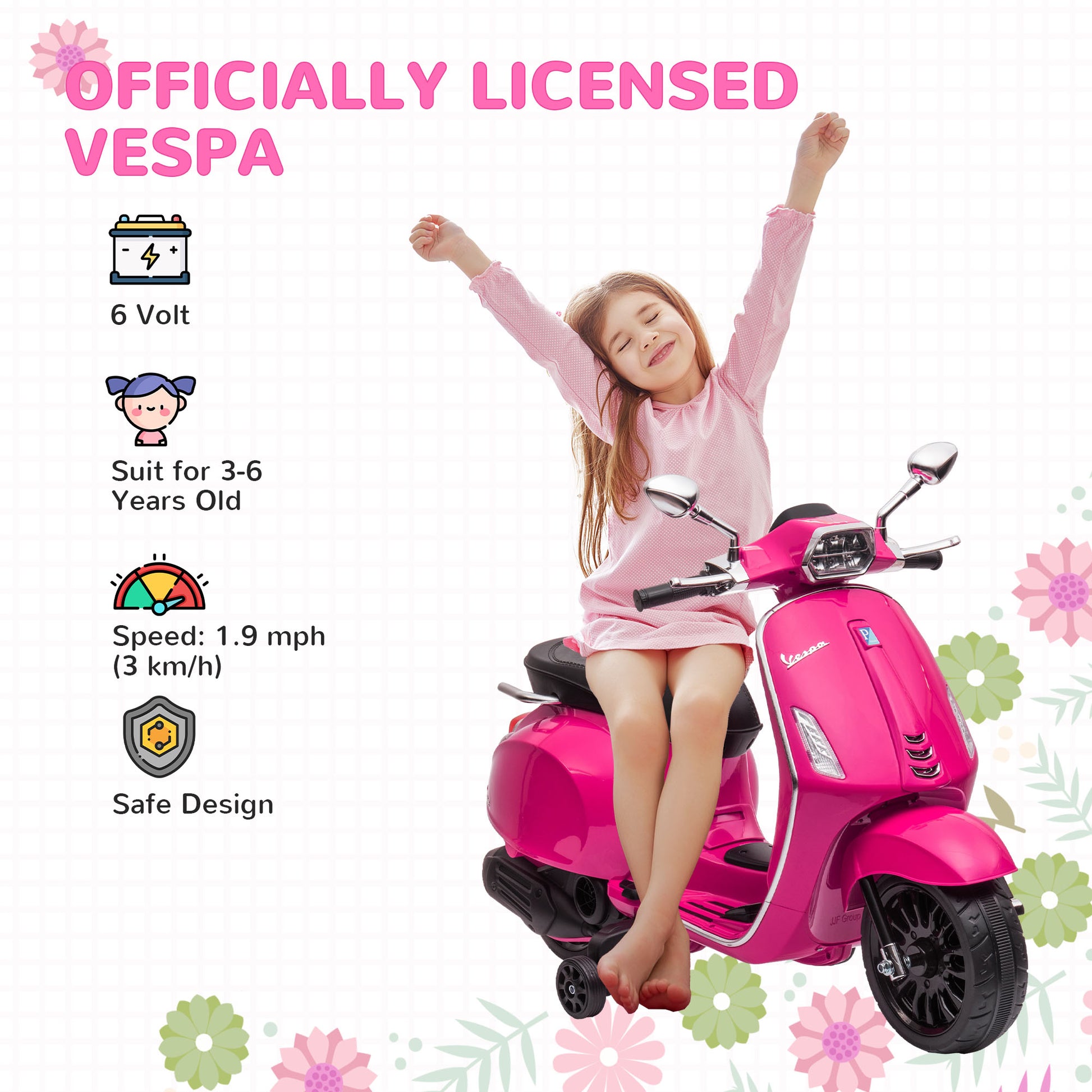 Qaba Vespa Licensed Electric Motorcycle For Kids, 6V Toddler Motorcycle, Battery Operated Motorbike For Kids With Music, Fm Radio, Headlight, Single Button Start For 3 6 Years, Pink Pink Plastic