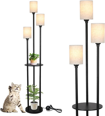 Floor Lamp With Shelves, Modern Floor Lamps For Living Room, 3 Lights Standing Lamp With Linen Shade And Foot Switch, Industrial Standing Lamps For Bedroom, Black Tall Table Lamp For Office Brown Black Rattan Metal