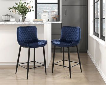 Set Of 2 Counter Height Chairs Dark Blue Velvet Upholstery Modern Casual Dining Furniture Metal Legs, 24 Inch Seat Blue Metal