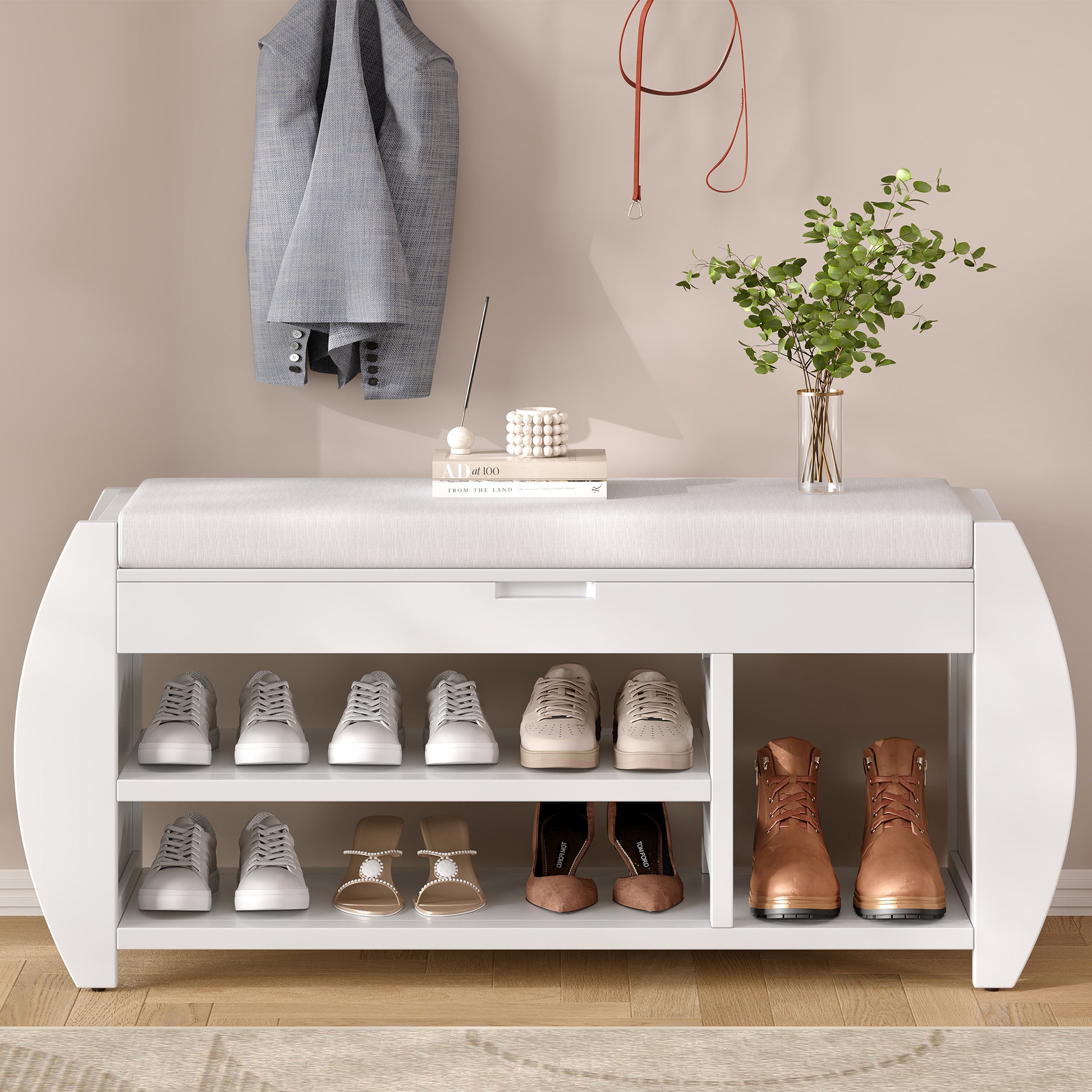 Retro Multifunctional Storage Bench With Cushion And Curved Side Panel For Entrance And Living Room Antique White Antique White Mdf