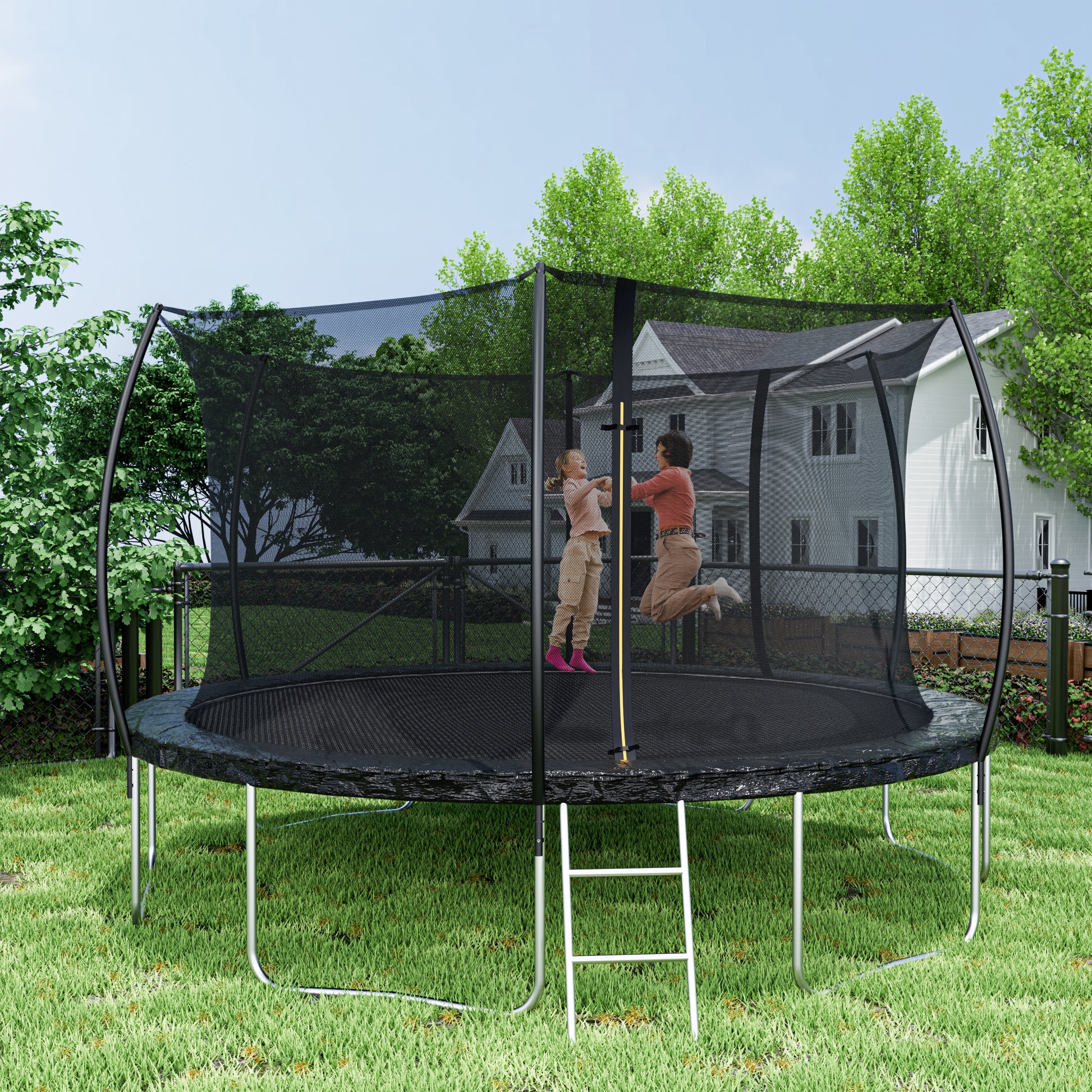 14Ft Trampoline Double Side Color Pad Trampoline For Kids And Adults With Enclosure Net And Ladder,Curved Fence Pole Black Steel Steel