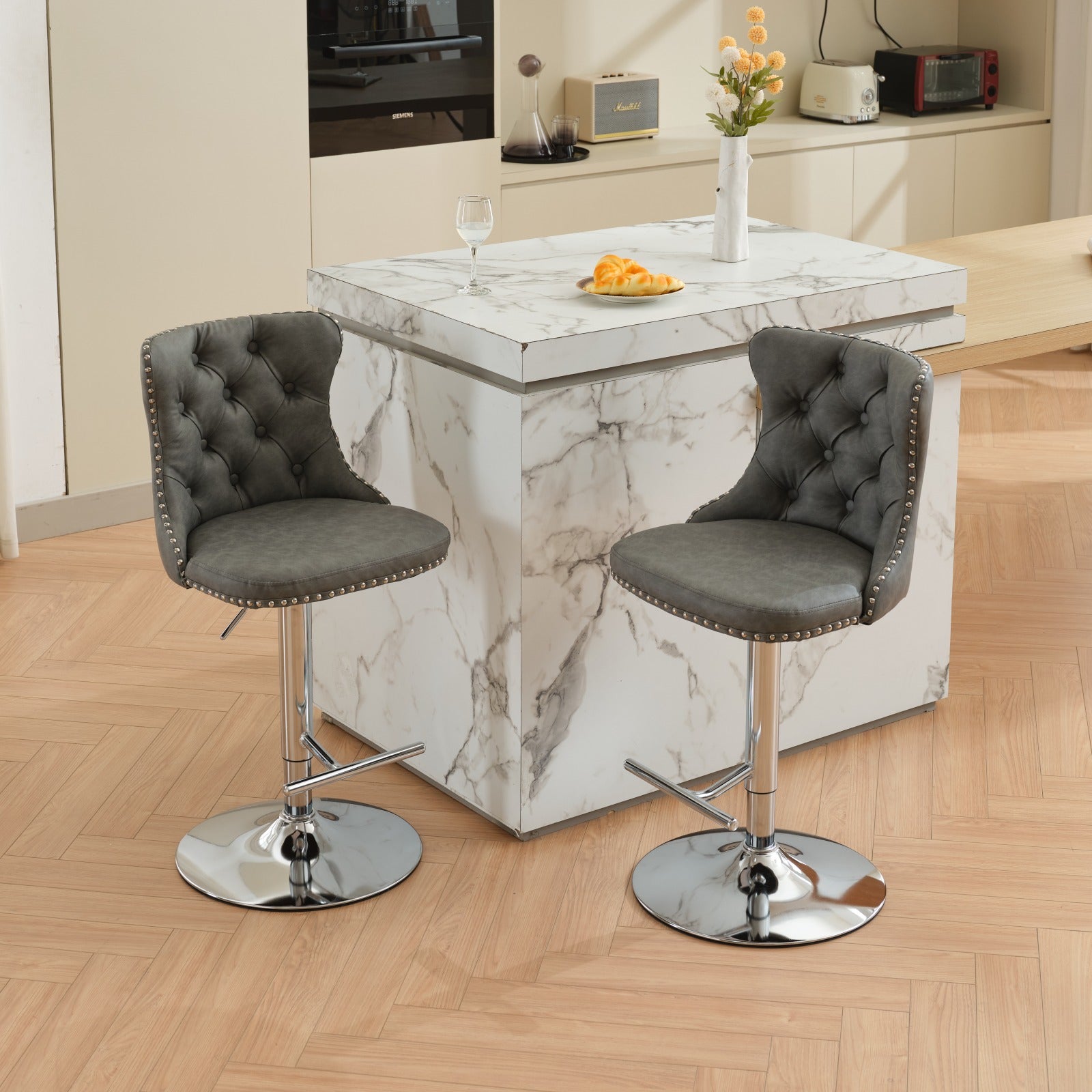 Swivel Pu Leather Barstools Adjusatble Seat Height From 25 33 Inch, Chrome Base Bar Stools With Backs Comfortable Tufted For Home Pub And Kitchen Island, Beige,Set Of 2,1512Gy Grey Dining Room