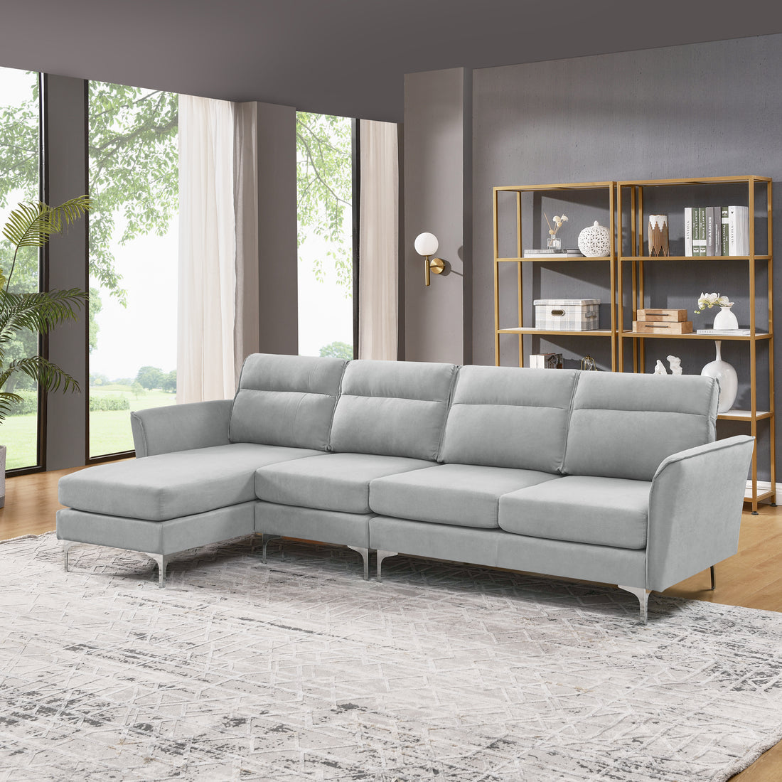 Modern Sofa 3 Seat Couch With Stainless Steel Trim And Metal Legs For Living Room,Package Compression Sofa Technology,Gray Gray Foam 3 Seat