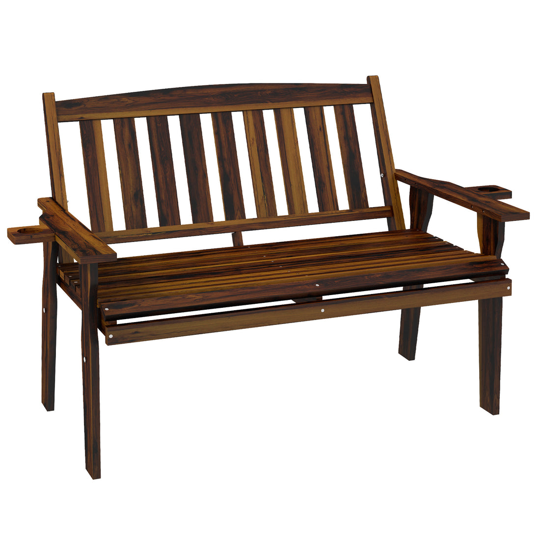 Outsunny Wood Outdoor Bench, 2 Person Garden Bench With Cupholder Armrests, Slatted Seat And Backrest, Park Bench For Patio, Porch, Lawn, Deck, Carbonized Black Brown Wood