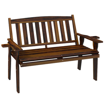 Outsunny Wood Outdoor Bench, 2 Person Garden Bench With Cupholder Armrests, Slatted Seat And Backrest, Park Bench For Patio, Porch, Lawn, Deck, Carbonized Black Brown Wood