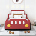 Twin Size Race Car Shaped Platform Bed With Wheels,Red Twin Red Pu Leather