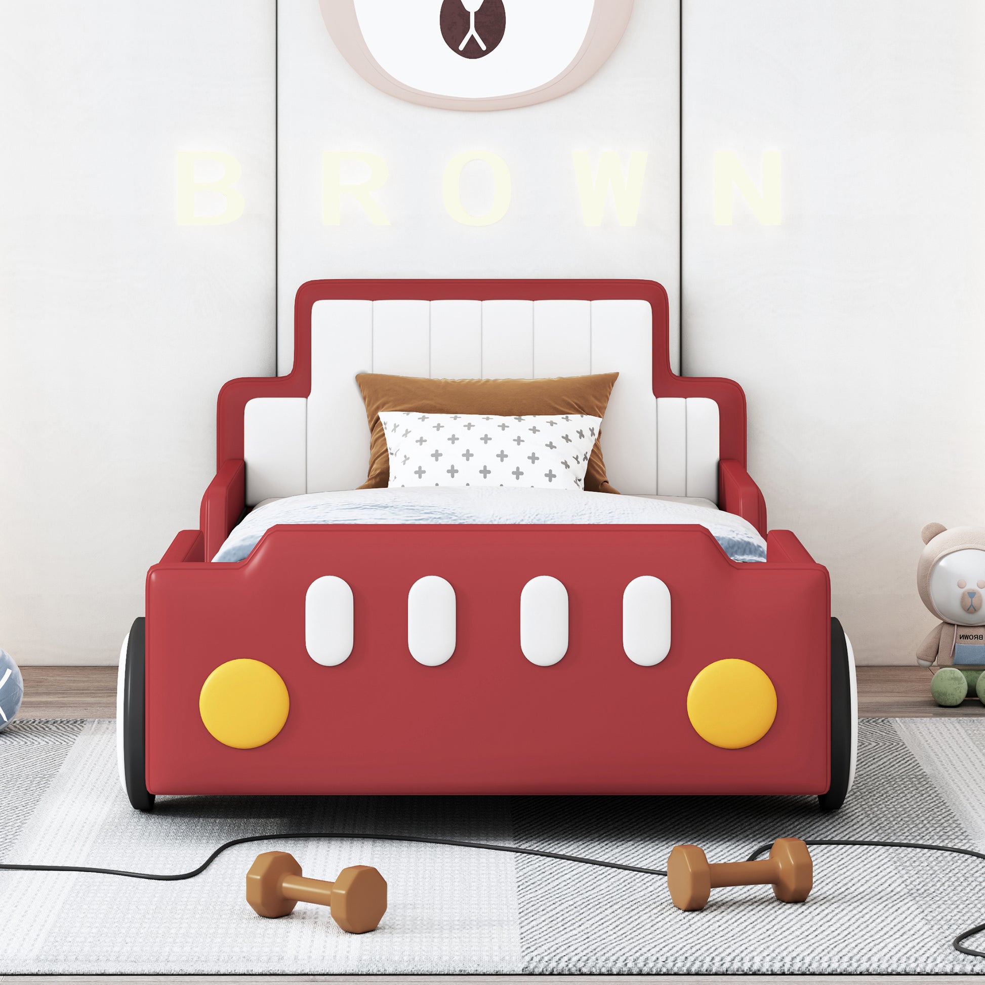 Twin Size Race Car Shaped Platform Bed With Wheels,Red Twin Red Pu Leather