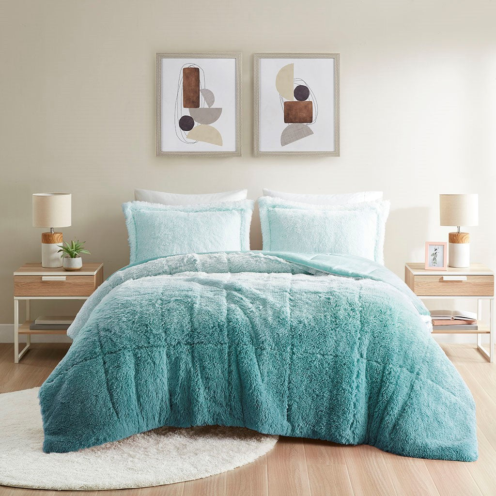 Ombre Shaggy Long Fur Comforter Mini Set Full Aqua Polyester