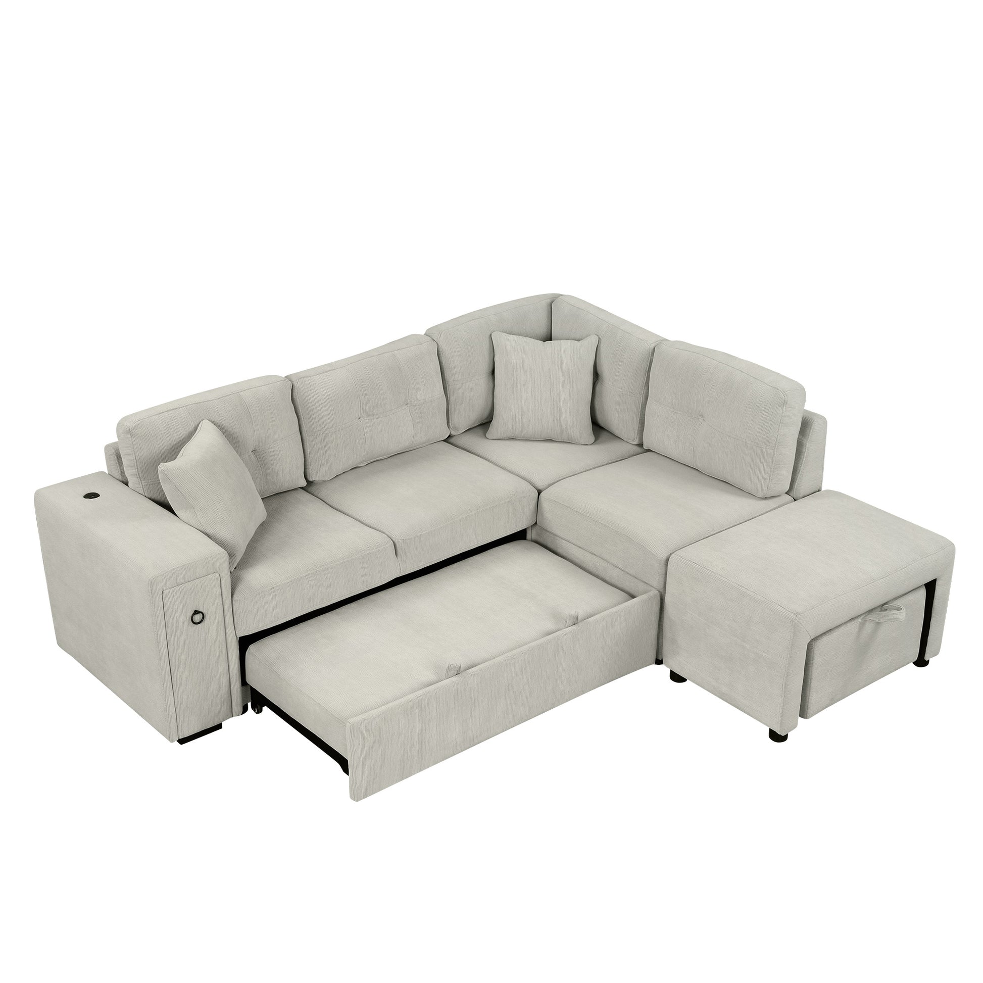 86.6" Sectional Sofa L Shaped Sofa Couch Pull Out Sofa Bed With A Movable Ottoman, Two Usb Ports And Two Cup Holders For Living Room, Gray Grey Foam Chenille 4 Seat