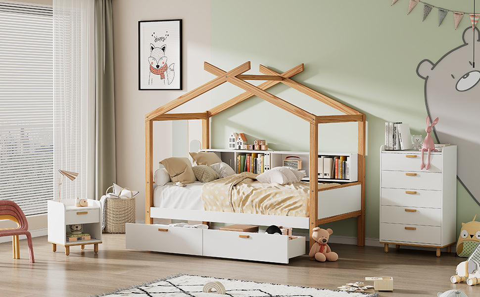 White Full Size Wooden House Bed Original Wood Colored Frame With Two Drawers And Bookshelf Storage Space For Children Or Guest Room Full White Wood