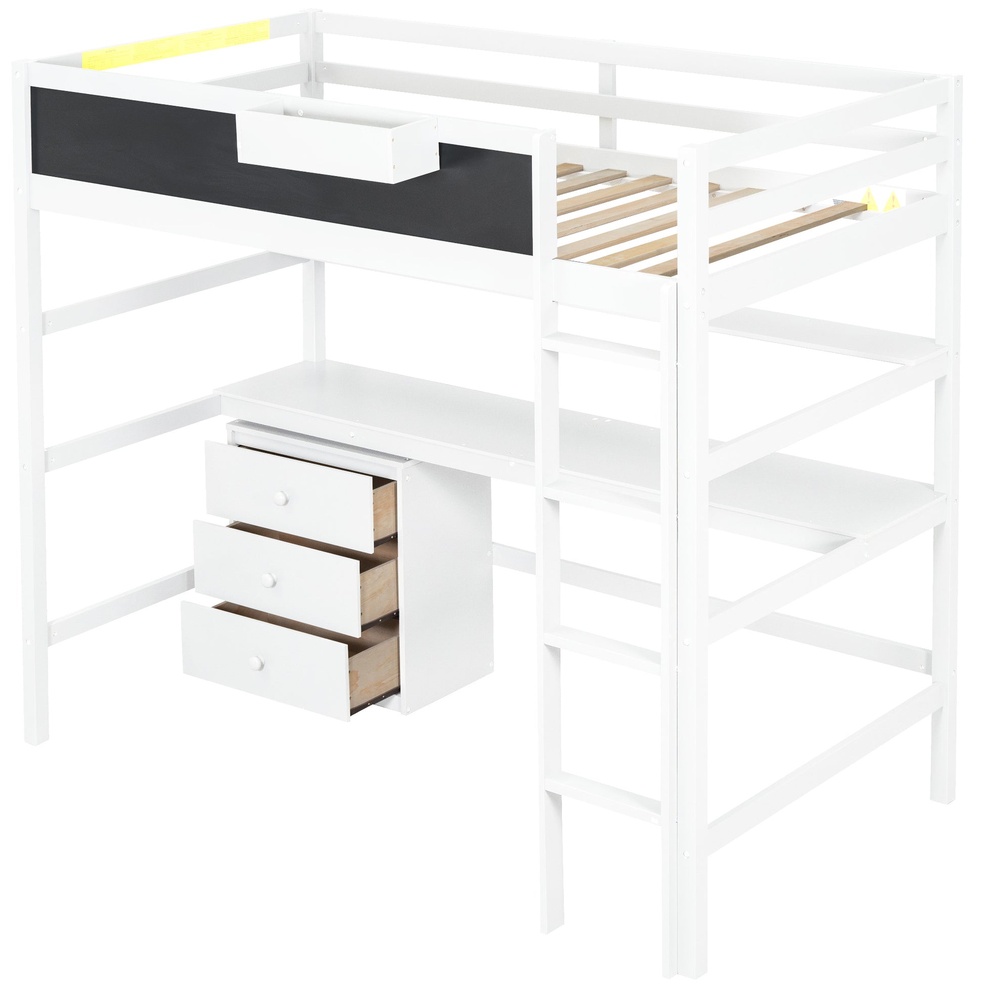 Wood Twin Size Loft Bed With Desk, Blackboard, Storage Box, Shelf And 3 Drawers, White Box Spring Not Required Twin White Wood Solid Wood Mdf