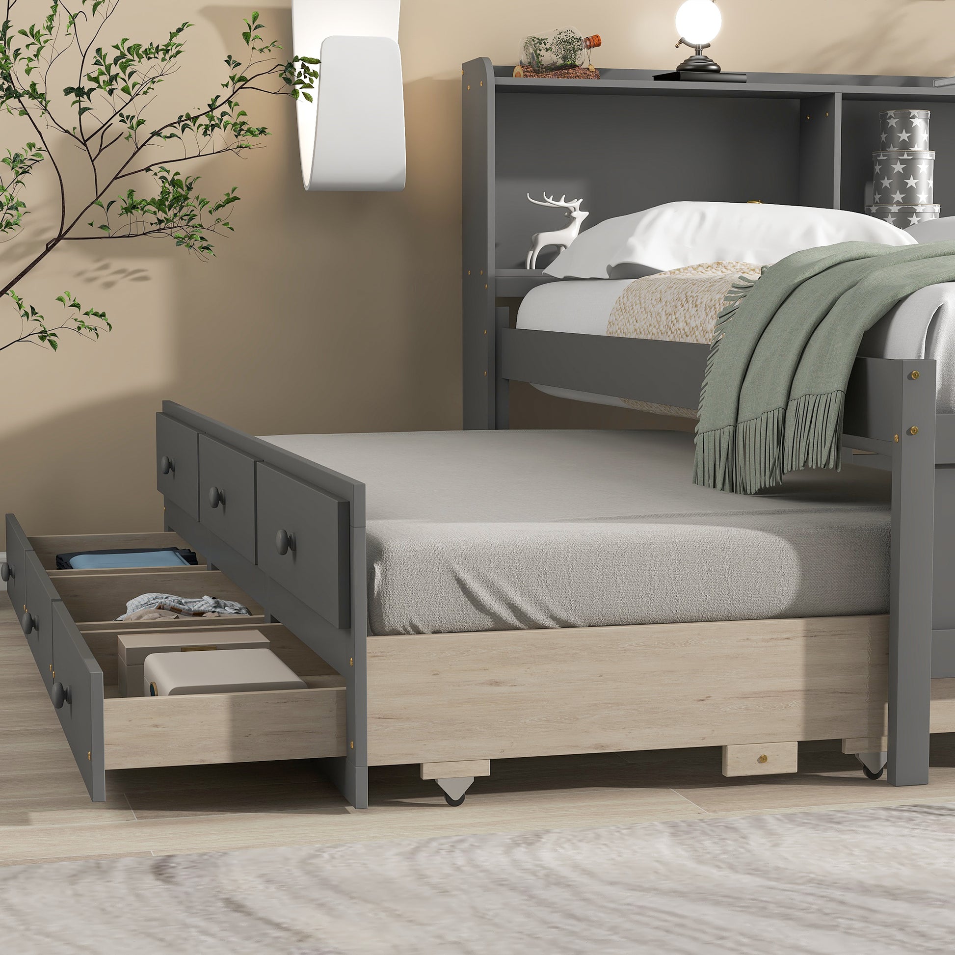 Full Bed With Bookcase,Twin Trundle,Drawers,Grey Full Grey Pine