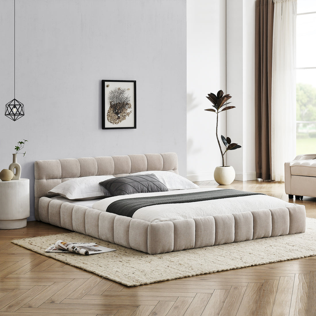 Queen Size Upholstered Bed Frame With Thick Fabric, Chenille Fabric Grounded Queen Size Platform Bed With Headboard And Solid Frame. No Box Spring Needed, Beige 68''*86.5''*23.5'' Box Spring Not