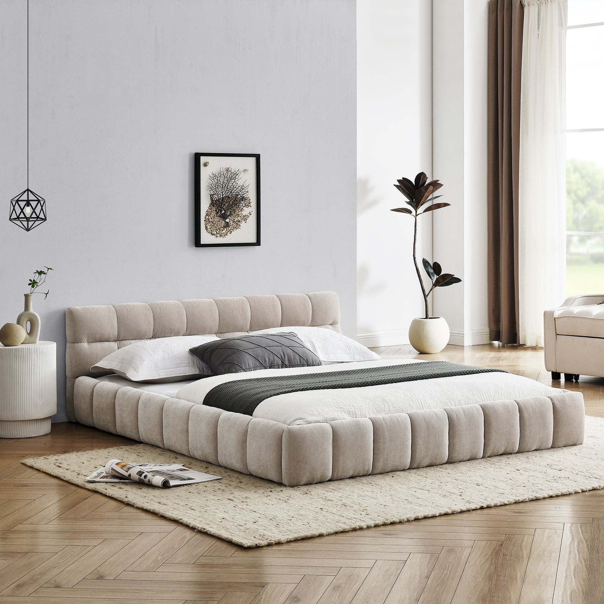 Queen Size Upholstered Bed Frame With Thick Fabric, Chenille Fabric Grounded Queen Size Platform Bed With Headboard And Solid Frame. No Box Spring Needed, Beige 68''*86.5''*23.5'' Box Spring Not