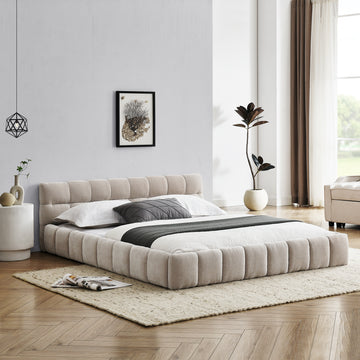 Queen Size Upholstered Bed Frame With Thick Fabric, Chenille Fabric Grounded Queen Size Platform Bed With Headboard And Solid Frame. No Box Spring Needed, Beige 68''*86.5''*23.5'' Box Spring Not