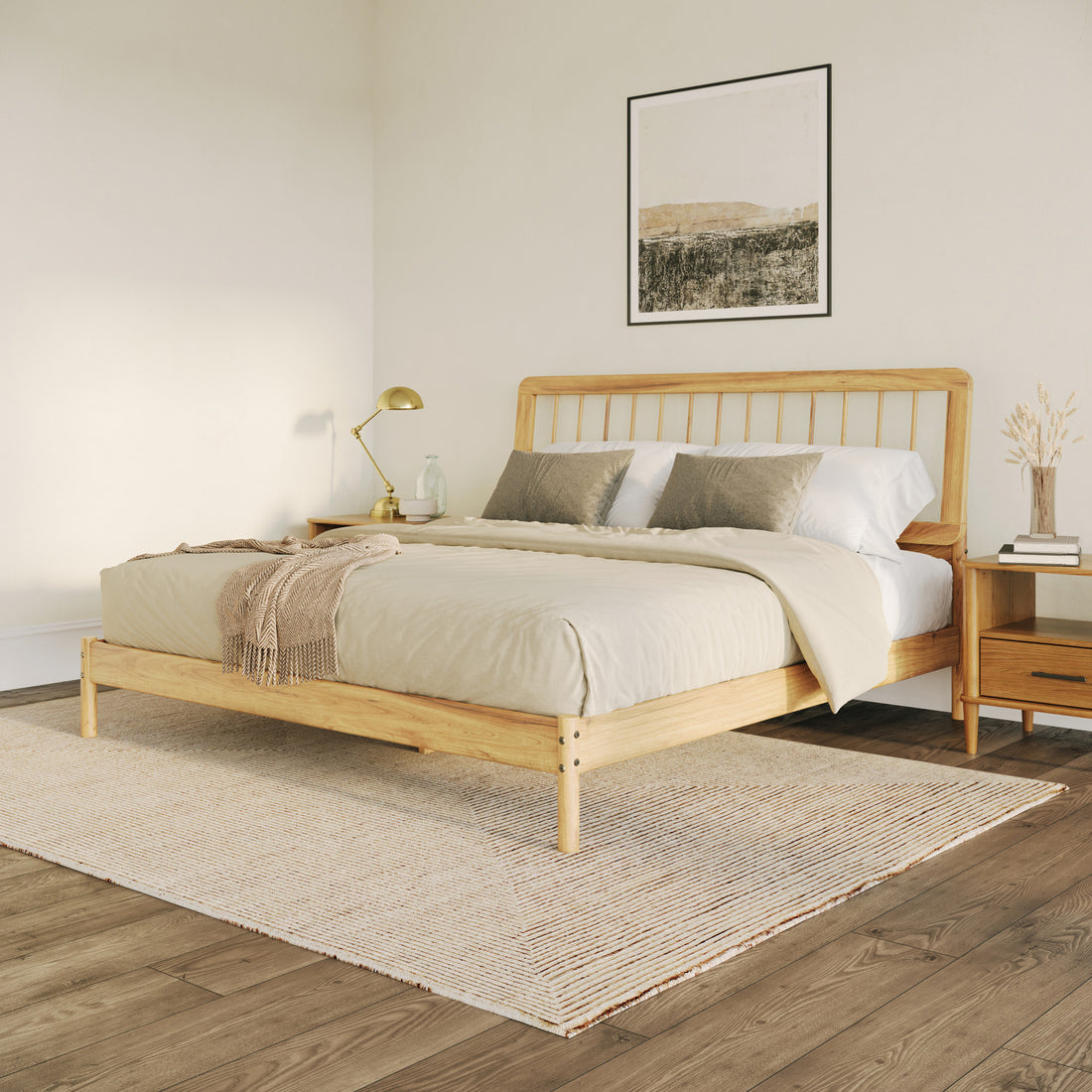 Mid Century Modern Solid Wood King Spindle Bed Natural Pine King Natural Wood Pine Pine