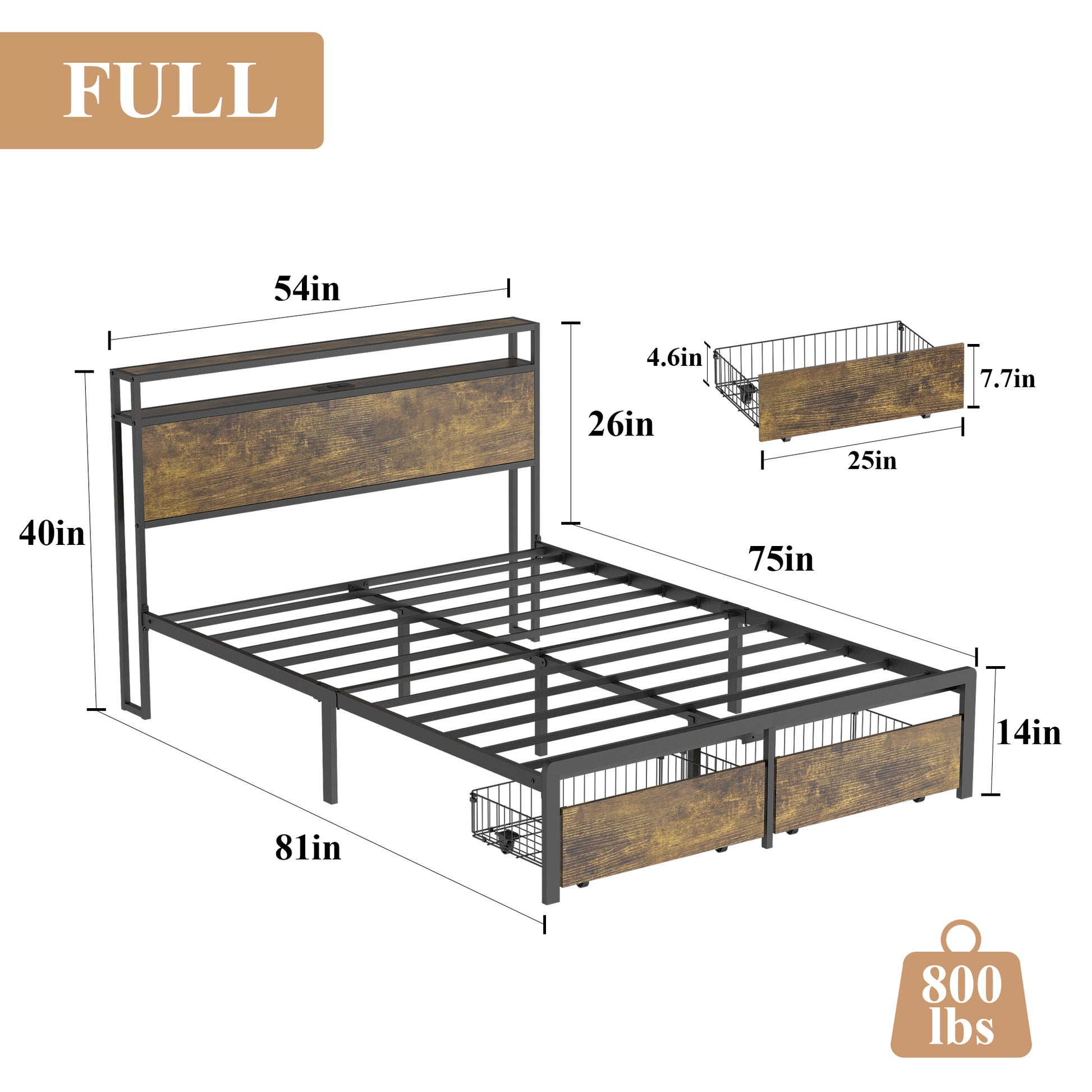 Full Bed Frame With Led Lights And Charging Station Robust Metal Wood Construction, Rustic Wood Platform Bed Frame With 2 Drawers, No Box Spring Needed, Noise Free, Vintage Brown, Easy Assemble Box Spring Not Required Full Black Brown Metal Brown Bedroom