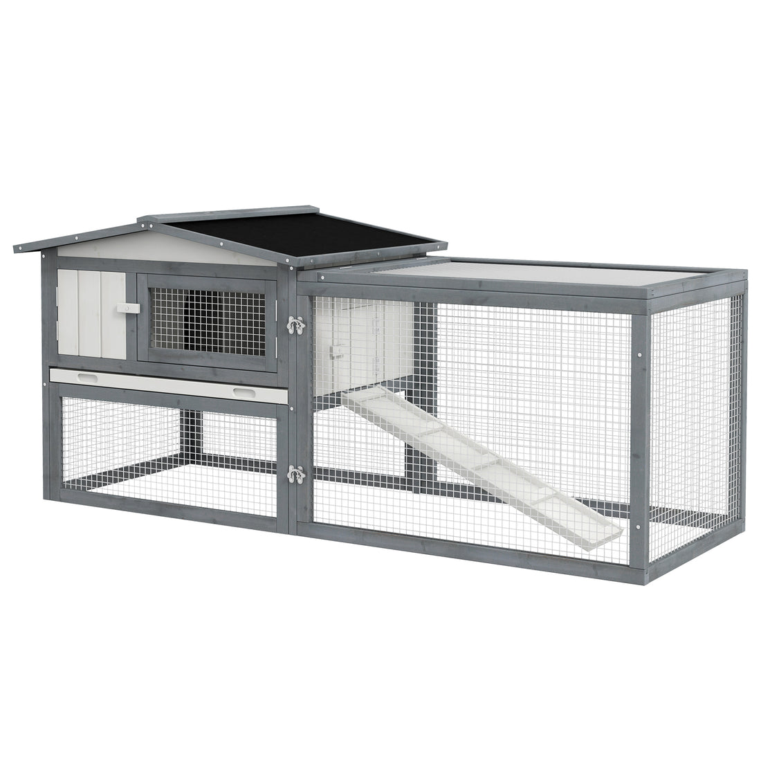 Pawhut Large Rabbit Hutch Outdoor, 2 Tier 61" L Rabbit Cage With Run Feeding Trough Wooden Guinea Pig Hutch With Removable Tray, Ramp, Asphalt Roof, For 1 2 Rabbits, White White Wood