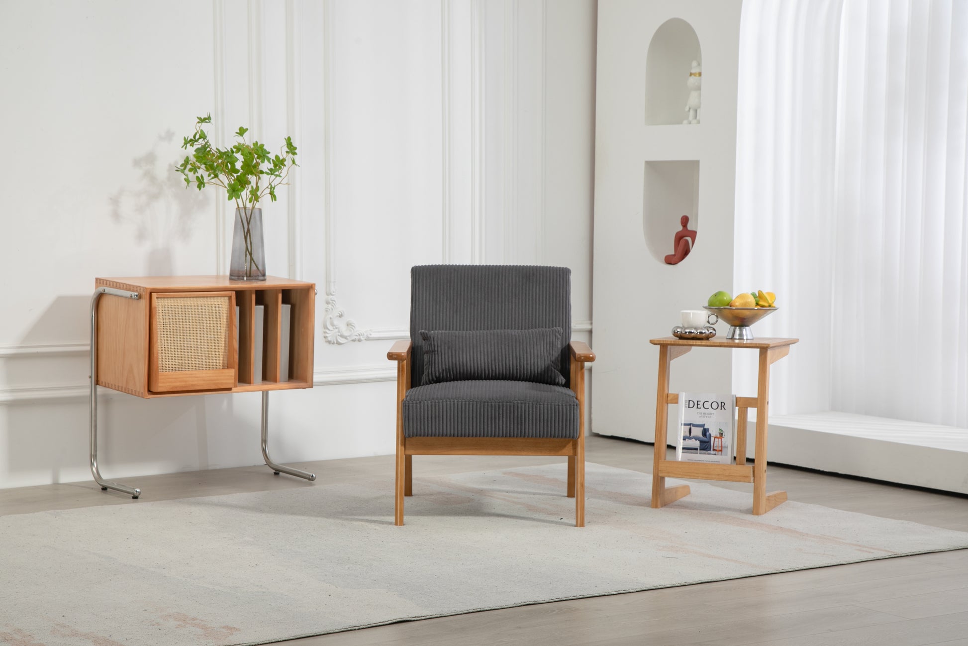 Leisure Chair With Solid Wood Armrest And Feet, Leisure Chair, Wood Frame, Velvet, L, Solid Rubber Wood Legs, Mid Century Modern Accent Chair, For Living Room Bedroom Studio Chair Dark Gray Corduroy
