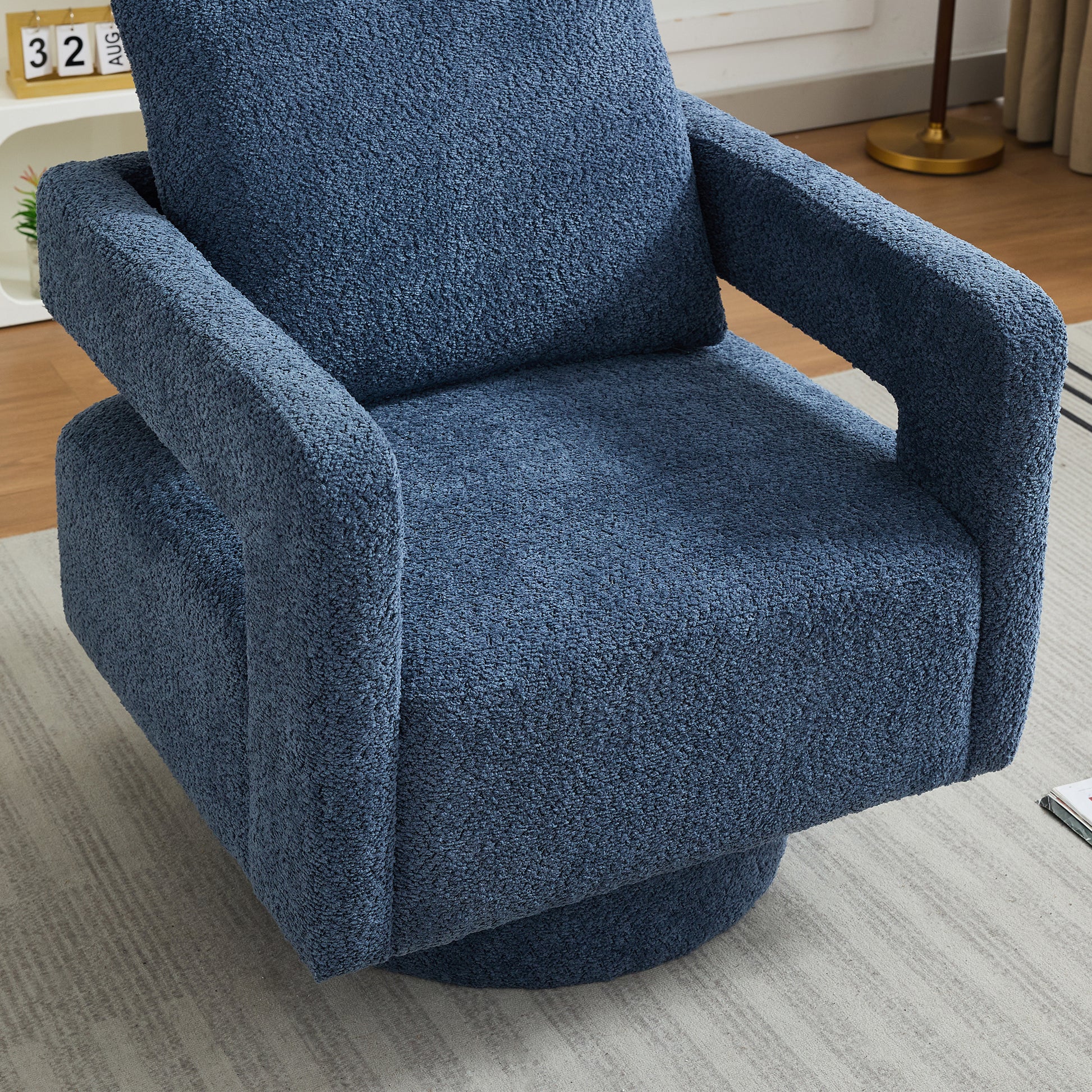 29.13" W Square Swivel Accent Chair, Modern Rotating Arm Chair With Open Back,360 Degree Rotation, Lounge Club Chair With Removable Back Cushion For Living Room, Hotel, Bed Room,Navy Navy Boucle